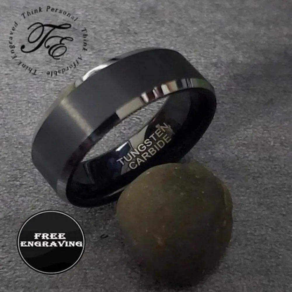 Personalized Men's Black and silver Tungsten Wedding Ring Band - Silver Edges